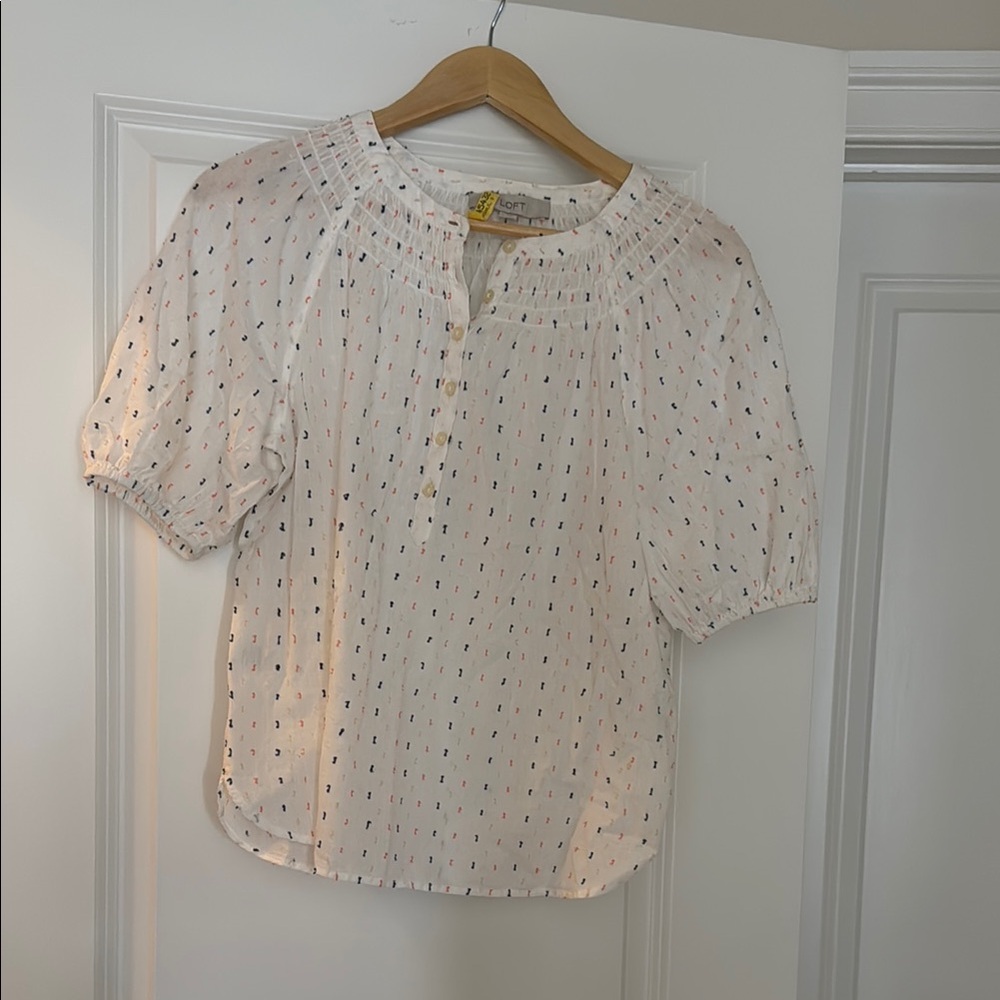 LOFT White Puff Sleeve Blouse with Mandarin Collar